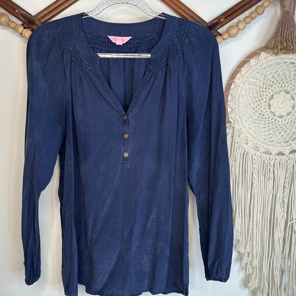 Lilly Pulitzer Navy Blue Silk Popover Blouse - Picture 1 of 5
